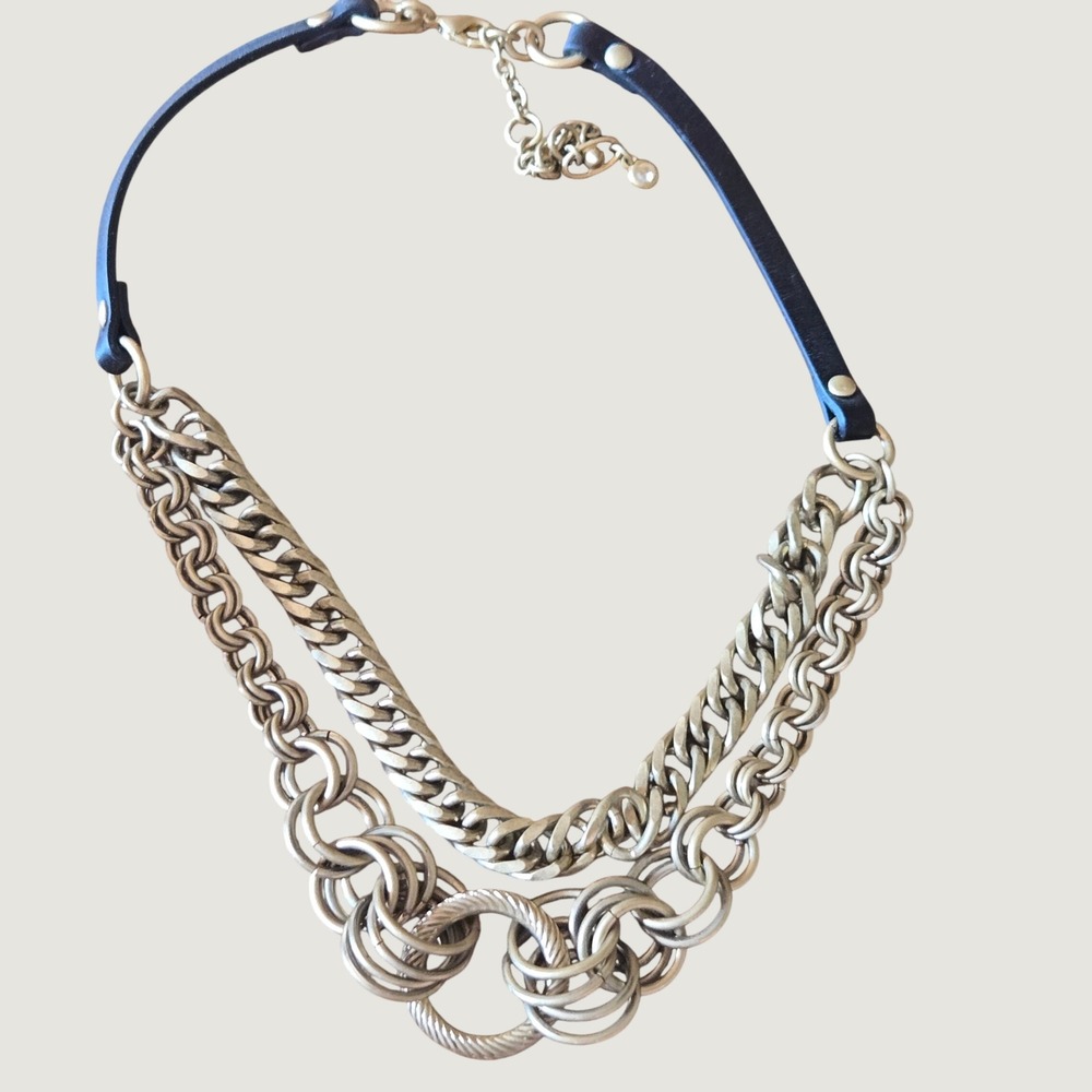Cabi Black Leather and Gold Tone Multi Strand Chunky Chain Statement Necklace